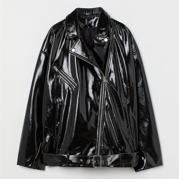 H&M NWT Black Patent Biker Jacket Oversized Small - Picture 1 of 7